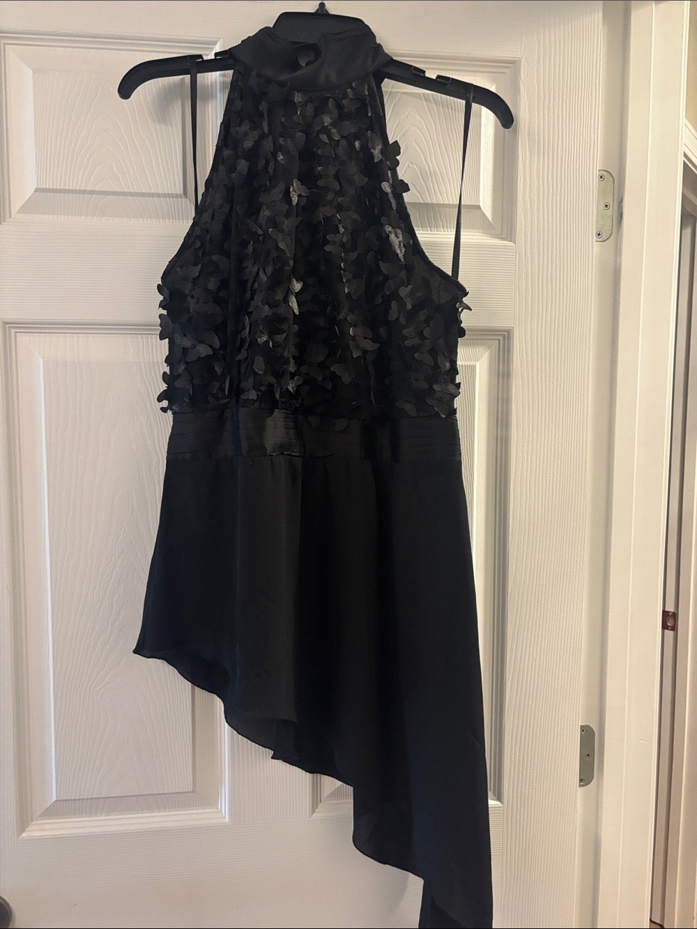 New York & Company Black Floral Appliqué Halter Asymmetric Top